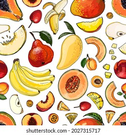 Vector pattern from different fruits. Colored sketch of food. 