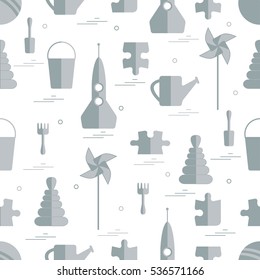 Vector pattern of different kids toys objects: rocket, puzzle, bucket, scoop, rake, watering can, pinwheel, pyramid. Design element for postcard, banner, flyer, invitations, textiles or print.