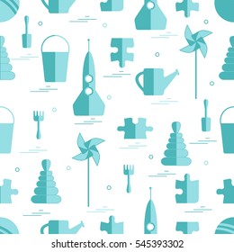 Vector pattern of different kids toys objects: rocket, puzzle, bucket, scoop, rake, watering can, pinwheel, pyramid. Design element for postcard, banner, flyer, invitations, textiles or print.