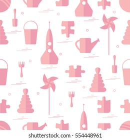 Vector pattern of different kids toys objects: rocket, puzzle, bucket, scoop, rake, watering can, pinwheel, pyramid. Design element for postcard, banner, flyer, invitations, textiles or print.