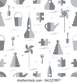 Vector pattern of different kids toys objects: rocket, puzzle, bucket, scoop, rake, watering can, pinwheel, pyramid. Design element for postcard, banner, flyer, invitations, textiles or print.