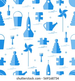Vector pattern of different kids toys objects: rocket, puzzle, bucket, scoop, rake, watering can, pinwheel, pyramid, ball. Design element for postcard, banner, flyer, invitations, textiles or print.