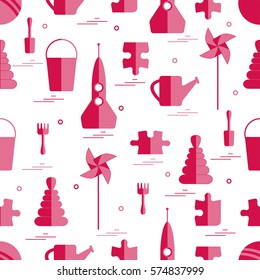 Vector pattern of different kids toys objects: rocket, puzzle, bucket, scoop, rake, watering can, pinwheel, pyramid, ball. Design element for postcard, banner, flyer, invitations, textiles or print.