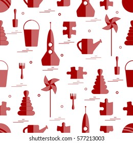 Vector pattern of different kids toys objects: rocket, puzzle, bucket, scoop, rake, watering can, pinwheel, pyramid, ball. Design element for postcard, banner, flyer, invitations, textiles or print.