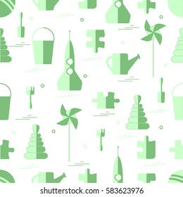 Vector pattern of different kids toys objects: rocket, puzzle, bucket, scoop, rake, watering can, pinwheel, pyramid, ball. Design element for postcard, banner, flyer, invitations, textiles or print.