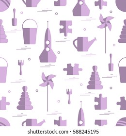 Vector pattern of different kids toys objects: rocket, puzzle, bucket, scoop, rake, watering can, pinwheel, pyramid, ball. Design element for postcard, banner, flyer, invitations, textiles or print.