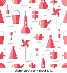 Vector pattern of different kids toys objects: rocket, puzzle, bucket, scoop, rake, watering can, pinwheel, pyramid, ball. Design element for postcard, banner, flyer, invitations, textiles or print.