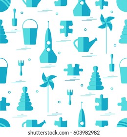 Vector pattern of different kids toys objects: rocket, puzzle, bucket, scoop, rake, watering can, pinwheel, pyramid, ball. Design element for postcard, banner, flyer, invitations, textiles or print.