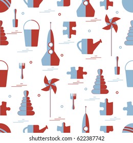 Vector pattern of different kids toys objects: rocket, puzzle, bucket, scoop, rake, watering can, pinwheel, pyramid, ball. Design element for postcard, banner, flyer, invitations, textiles or print.