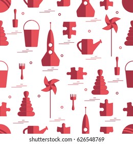 Vector pattern of different kids toys objects: rocket, puzzle, bucket, scoop, rake, watering can, pinwheel, pyramid, ball. Design element for postcard, banner, flyer, invitations, textiles or print.