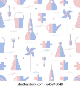 Vector pattern of different kids toys objects: rocket, puzzle, bucket, scoop, rake, watering can, pinwheel, pyramid, ball. Design element for postcard, banner, flyer, invitations, textiles or print.