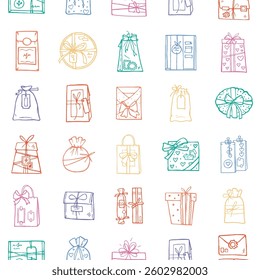 Vector pattern with different kinds of gifts in doodle style. Hand drawn colorful seamless background. Round, square and rectangular boxes decorated with bows and ribbons