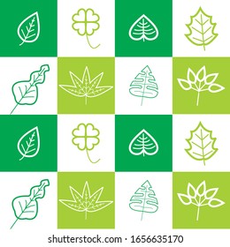 Vector pattern of different leaves outlines on green and white squares, pattern used for kitchen wallpaper or textile