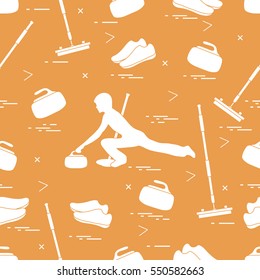 Vector pattern of different objects curling sport. Including: shoes, broom, stone and athlete silhouette. 