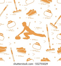Vector pattern of different objects curling sport. Including: shoes, broom, stone and athlete silhouette. 