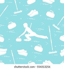 Vector pattern of different objects curling sport. Including: shoes, broom, stone and athlete silhouette. 
