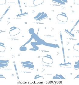 Vector pattern of different objects curling sport. Including: shoes, broom, stone and athlete silhouette. 