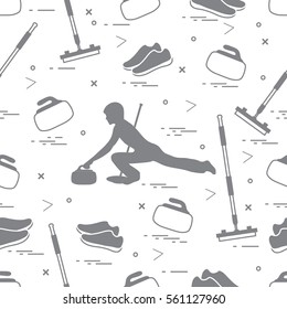 Vector pattern of different objects curling sport. Including: shoes, broom, stone and athlete silhouette. 
