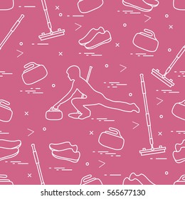 Vector pattern of different objects curling sport. Including: shoes, broom, stone and athlete silhouette. 