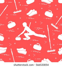 Vector pattern of different objects curling sport. Including: shoes, broom, stone and athlete silhouette. 