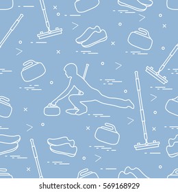 Vector pattern of different objects curling sport. Including: shoes, broom, stone and athlete silhouette. 