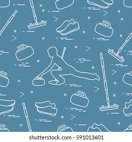Vector pattern of different objects curling sport. Including: shoes, broom, stone and athlete silhouette. 