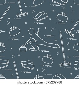 Vector pattern of different objects curling sport. Including: shoes, broom, stone and athlete silhouette. 