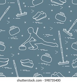 Vector pattern of different objects curling sport. Including: shoes, broom, stone and athlete silhouette. 