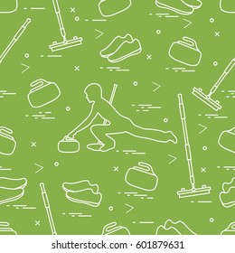 Vector pattern of different objects curling sport. Including: shoes, broom, stone and athlete silhouette. 