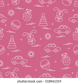 Vector pattern of different toys: car, pyramid, roly-poly, ball, hare, rattle. Design element for postcard, banner, flyer, poster or print.