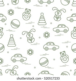 Vector pattern of different toys: car, pyramid, roly-poly, ball, hare, rattle. Design element for postcard, banner, flyer, poster or print.