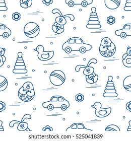 Vector pattern of different toys: car, pyramid, roly-poly, ball, hare, rattle, duck, penguin. Design element for postcard, banner, flyer, poster or print.