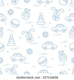 Vector pattern of different toys: car, pyramid, roly-poly, ball, hare, rattle. Design element for postcard, banner, flyer, poster or print.