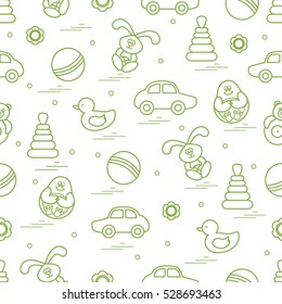 Vector pattern of different toys: car, pyramid, roly-poly, ball, hare, rattle, duck, penguin. Design element for postcard, banner, flyer, poster or print.