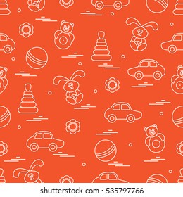 Vector pattern of different toys: car, pyramid, roly-poly, ball, hare, rattle. Design element for postcard, banner, flyer, poster or print.