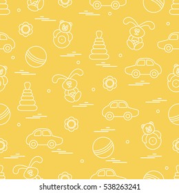 Vector pattern of different toys: car, pyramid, roly-poly, ball, hare, rattle. Design element for postcard, banner, flyer, poster or print.