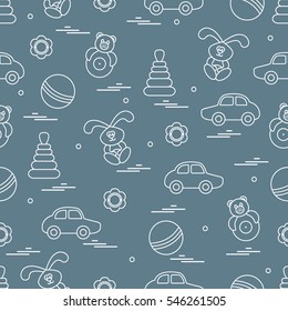 Vector pattern of different toys: car, pyramid, roly-poly, ball, hare, rattle. Design element for postcard, banner, flyer, poster or print.