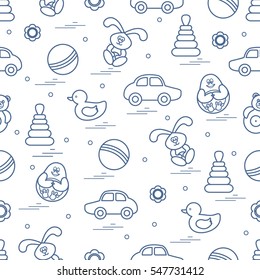 Vector pattern of different toys: car, pyramid, roly-poly, ball, hare, rattle, duck, penguin. Design element for postcard, banner, flyer, poster or print.