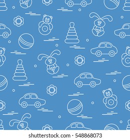 Vector pattern of different toys: car, pyramid, roly-poly, ball, hare, rattle. Design element for postcard, banner, flyer, poster or print.