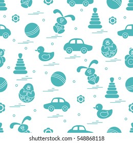 Vector pattern of different toys: car, pyramid, roly-poly, ball, hare, rattle, duck, penguin. Design element for postcard, banner, flyer, poster or print.