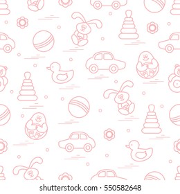 Vector pattern of different toys: car, pyramid, roly-poly, ball, hare, rattle, duck, penguin. Design element for postcard, banner, flyer, poster or print.