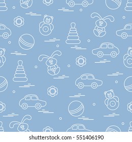 Vector pattern of different toys: car, pyramid, roly-poly, ball, hare, rattle. Design element for postcard, banner, flyer, poster or print.