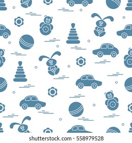 Vector pattern of different toys: car, pyramid, roly-poly, ball, hare, rattle. Design element for postcard, banner, flyer, poster or print.