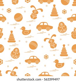 Vector pattern of different toys: car, pyramid, roly-poly, ball, hare, rattle, duck, penguin. Design element for postcard, banner, flyer, poster or print.