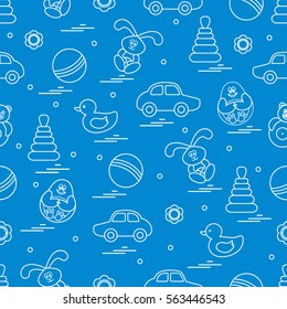 Vector pattern of different toys: car, pyramid, roly-poly, ball, hare, rattle, duck, penguin. Design element for postcard, banner, flyer, poster or print.