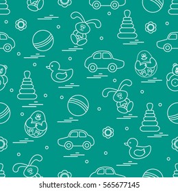 Vector pattern of different toys: car, pyramid, roly-poly, ball, hare, rattle, duck, penguin. Design element for postcard, banner, flyer, poster or print.