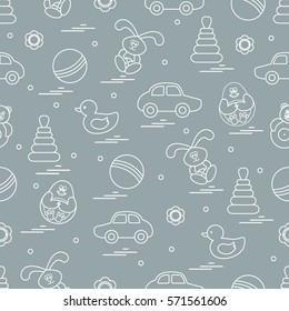 Vector pattern of different toys: car, pyramid, roly-poly, ball, hare, rattle, duck, penguin. Design element for postcard, banner, flyer, poster or print.