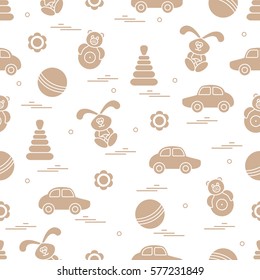 Vector pattern of different toys: car, pyramid, roly-poly, ball, hare, rattle. Design element for postcard, banner, flyer, poster or print.