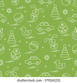 Vector pattern of different toys: car, pyramid, roly-poly, ball, hare, rattle, duck, penguin. Design element for postcard, banner, flyer, poster or print.