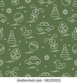 Vector pattern of different toys: car, pyramid, roly-poly, ball, hare, rattle, duck, penguin. Design element for postcard, banner, flyer, poster or print.